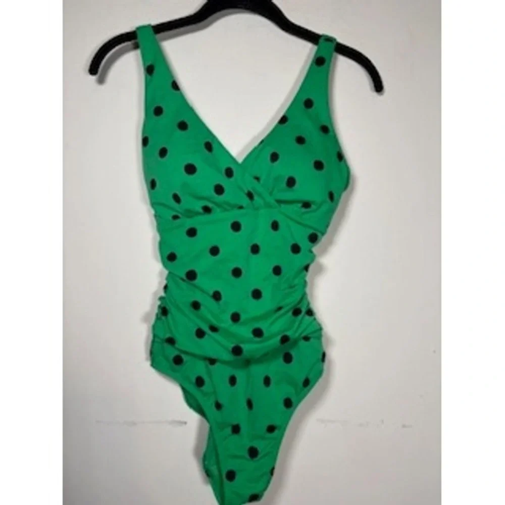 Boden Spot Talamanco Polka Dot One Piece Swimsuit 4 Green Ruched V-Neck Retro